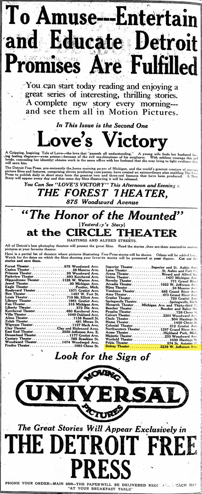 Feb 24 1914 ad Delray Theatre, Detroit